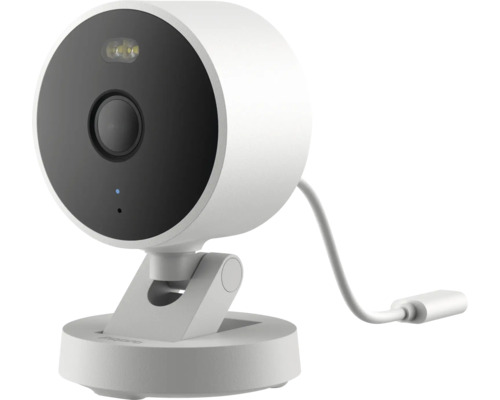 Weiße intelligente Überwachungskamera von Aqara mit schwarzer Frontseite, verstellbarem Standfuß und weißem USB-Anschlusskabel.