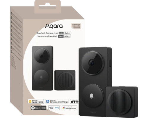 Aqara Türklingel-Kamera-Hub G410 schwarz Aqara Doorbell Camera Hub G4, schwarze Video-Türklingel mit Funkgong und Verpackung mit Smart-Home-Kompatibilitätshinweisen.