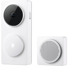 Smarte Videotürklingel Aqara G4 mit Gong, weiß, mit Kameralinse und Klingeltaste.