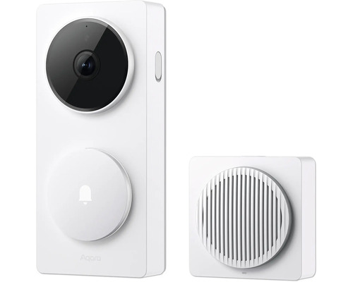 Smarte Videotürklingel Aqara G4 mit Gong, weiß, mit Kameralinse und Klingeltaste.