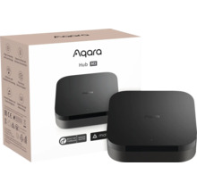 Schwarze Aqara Hub M3 Smart Home Zentrale für Zigbee und Matter mit Produktverpackung und Aqara Logo.