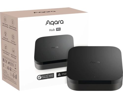 Schwarze Aqara Hub M3 Smart Home Zentrale für Zigbee und Matter mit Produktverpackung und Aqara Logo.