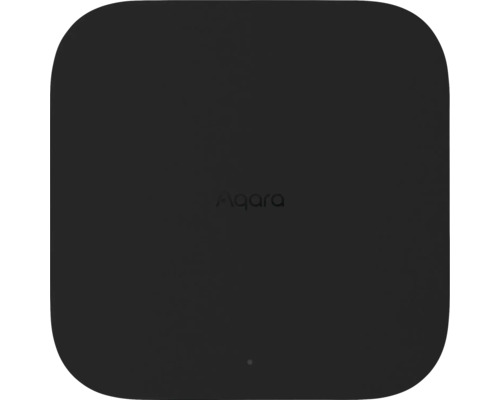Quadratische Aqara Smart Home Zentrale in Schwarz mit abgerundeten Ecken und Aqara Logo.
