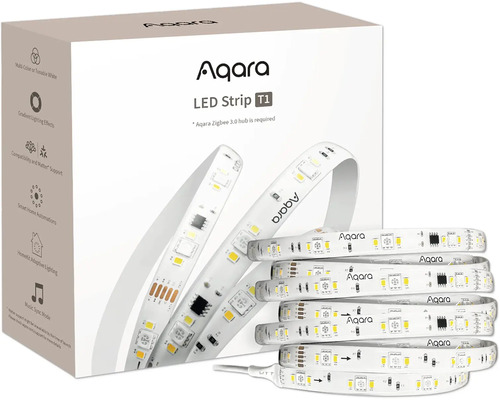 Aqara LED Strip T1 Verpackung und aufgerollter smarter LED-Streifen mit Matter-Unterstützung und HomeKit-Kompatibilität.