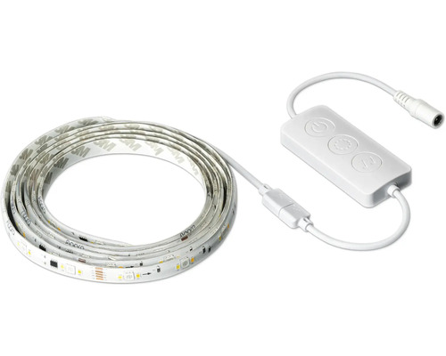 Aufgerollter LED-Streifen mit Kabelverbindung zu einer weißen Steuerungseinheit mit drei Tasten.