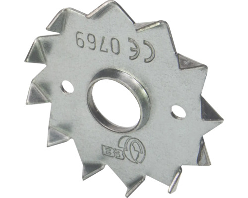 Einseitiger Einlassdübel aus Metall in Sternform mit aufgebogenen Zähnen.