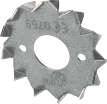 Wolfcraft Ersatz-Schneidrad aus Metall für Laminatschneider mit gezacktem Rand, zentraler Bohrung und Wolfcraft Logo.