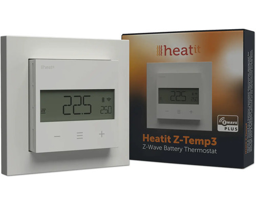 Heatit Z-Temp3 Z-Wave Batterie-Thermostat in Weiß mit LCD-Display und Bedientasten neben der Verpackung.