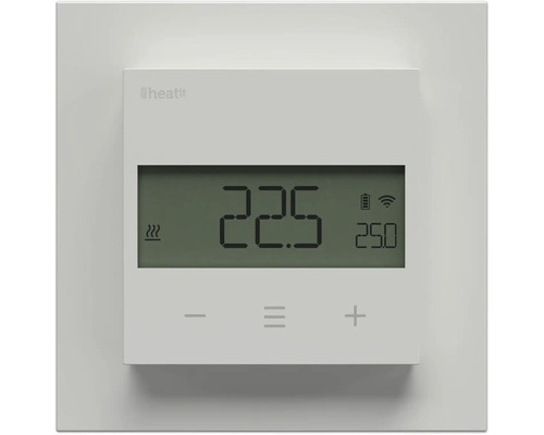 Weißer digitaler Thermostat von Heatit mit LCD-Anzeige von 22,5 Grad, Heatit Logo und Touch-Bedienelementen.