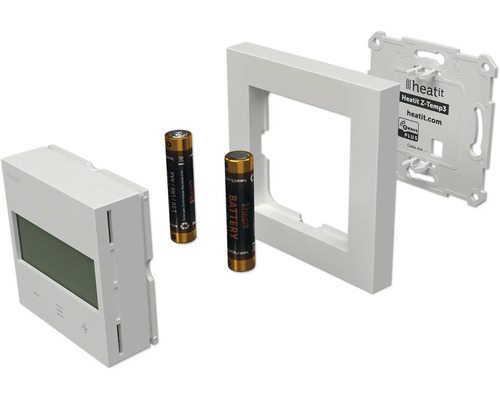 Heatit Z-Temp3 Thermostat mit Display, zwei AAA Batterien, Montagerahmen und Montageplatte mit Heatit Logo und Z-Wave Plus Symbol.