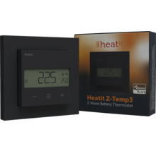 Heatit Z-Temp3 Z-Wave Batterie-Thermostat in Schwarz mit digitaler Anzeige und Produktverpackung.