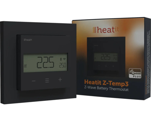 Heatit Z-Temp3 Z-Wave Batterie-Thermostat in Schwarz mit digitaler Anzeige und Produktverpackung.
