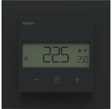 Schwarzer digitaler Heatit Thermostat mit LCD Anzeige von 22,5 Grad und Sensortasten für Minus, Menü und Plus.