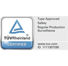 TÜV Rheinland Siegel für baumustergeprüfte Sicherheit und regelmäßige Produktionsüberwachung.