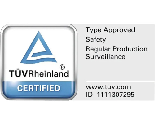 TÜV Rheinland Siegel für baumustergeprüfte Sicherheit und regelmäßige Produktionsüberwachung.