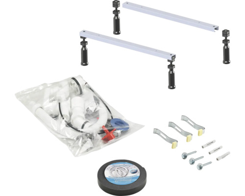 Montageset für Acrylbadewannen Komplettes Montageset für Badewannen inklusive höhenverstellbaren Wannenfüßen, Siphon, Dichtband, Befestigungswinkeln, Schrauben und Dübeln.