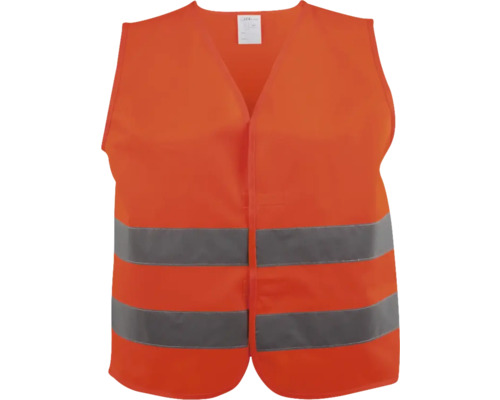 Orangefarbene Warnweste mit zwei umlaufenden reflektierenden Streifen.