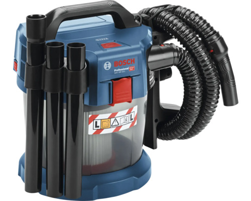 Bosch Professional GAS 18 Volt-10 Liter batteriebetriebener Nass-Trockensauger der Staubklasse L mit transparentem Behälter. Bosch Logo.
