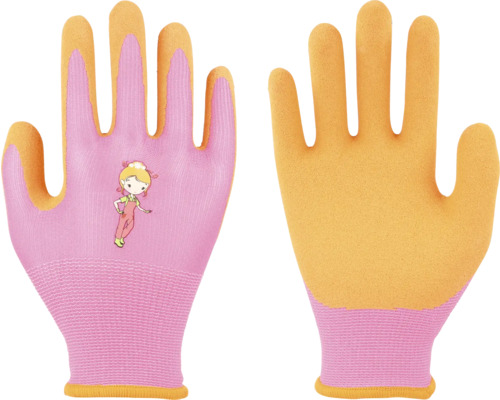Kinder-Gartenhandschuhe in Rosa und Gelb aus gestricktem Textil mit beschichteten Handflächen und einem Mädchen-Motiv auf dem Handrücken.