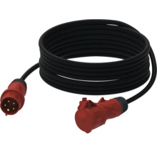 Schwarzes CEE-Verlängerungskabel mit rotem Stecker und roter Kupplung.