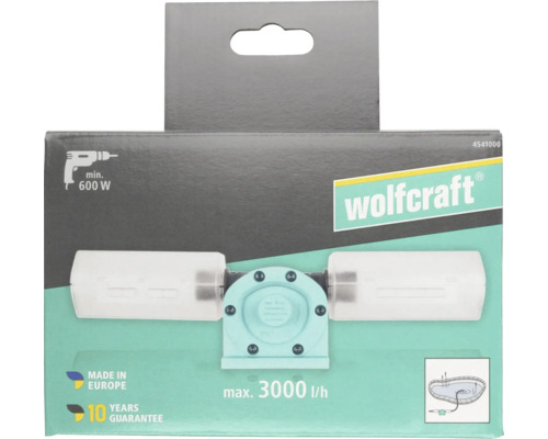 Wolfcraft Bohrmaschinenpumpe in Verpackung mit Wolfcraft Logo, Förderleistung maximal 3000 Liter pro Stunde, ab 600 Watt, 10 Jahre Garantie.