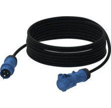 CEE-Verlängerungskabel für Camping und Außenbereich, schwarze Leitung mit blauem Stecker und blauer Kupplung.