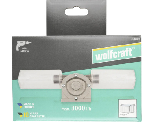 Wolfcraft Bohrmaschinenpumpe in Verpackung, für Bohrmaschinen ab 600 Watt, maximale Förderleistung 3000 Liter pro Stunde, 10 Jahre Garantie.