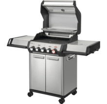 Gasgrill aus Edelstahl mit vier Brennern, offener Haube, Seitenablagen und Unterschrank auf Rollen.