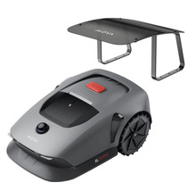 Mova Mähroboter in Grau und Schwarz mit roter Stopptaste und transparenter Garagenüberdachung.