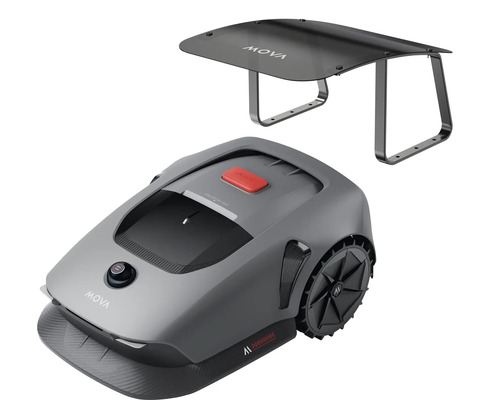 Mova Mähroboter in Grau und Schwarz mit roter Stopptaste und transparenter Garagenüberdachung.