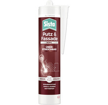 Sista Putz und Fassade Acryl Dichtstoff, altweiß, körnige Struktur, überstreichbar, für innen und außen, Sista Logo, Henkel Logo.