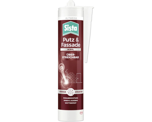 Sista Putz und Fassade Acryl Dichtstoff, altweiß, körnige Struktur, überstreichbar, für innen und außen, Sista Logo, Henkel Logo.