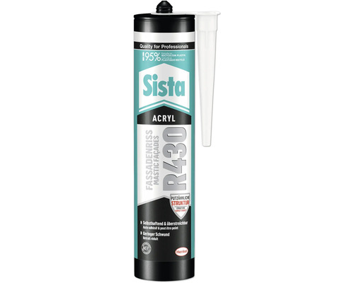 Sista Acryl R430 Fassadenriss Kartusche, putzähnliche Struktur, selbsthaftend und überstreichbar, aus 95 Prozent recyceltem Kunststoff.