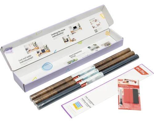 d-c-fix Klebefolien-Set mit drei Rollen Designfolie in Holzoptik und Anthrazit, inklusive Rakel, Cutter und Falt-Schablone.