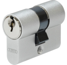 ABUS Profilzylinder aus silberfarbenem Metall mit schwarzem Mitnehmer und ABUS Logo.
