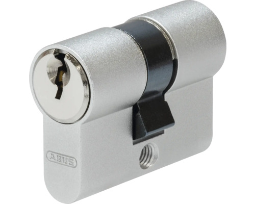 ABUS Profilzylinder aus silberfarbenem Metall mit schwarzem Mitnehmer und ABUS Logo.