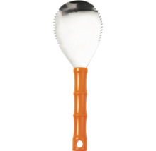 Fugenkratzer mit gezahnter Edelstahlklinge und ergonomischem orangefarbenem Kunststoffgriff.
