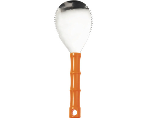 Fugenkratzer mit gezahnter Edelstahlklinge und ergonomischem orangefarbenem Kunststoffgriff.
