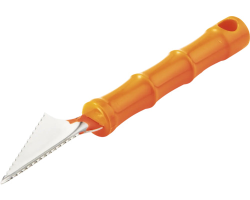 Fugenritzer mit gezahnter Metallklinge und ergonomischem orangefarbenem Kunststoffgriff.