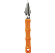 Zitronenschaber mit gezackter Edelstahlklinge und orangefarbenem Kunststoffgriff.