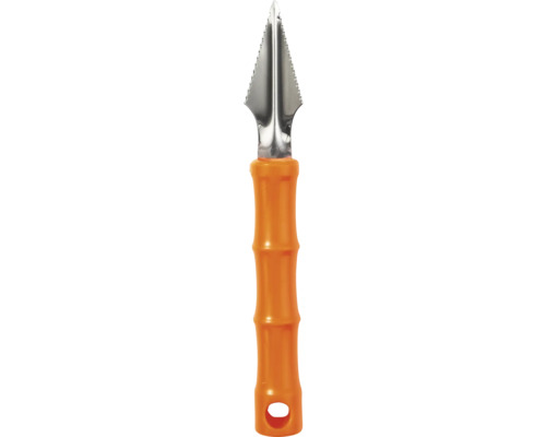 Zitronenschaber mit gezackter Edelstahlklinge und orangefarbenem Kunststoffgriff.