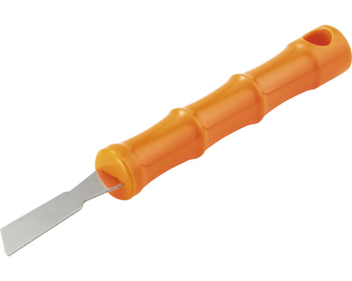 Schaber mit orangefarbenem Kunststoffgriff und Metallklinge.