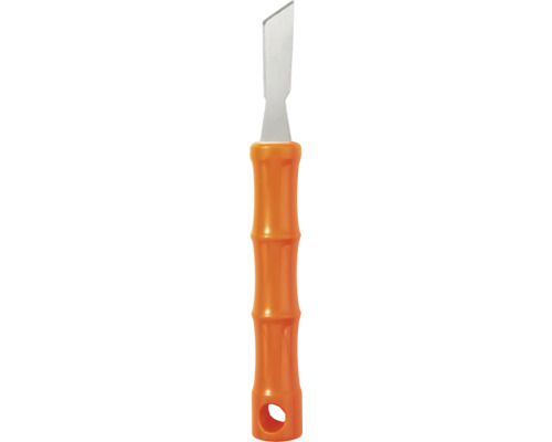 Schaber mit Metallklinge und orangefarbenem Kunststoffgriff inklusive Aufhängeloch.