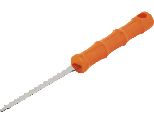 Stichsäge mit orangefarbenem Kunststoffgriff und gezahnter Metallklinge für Holzarbeiten und Trockenbau.