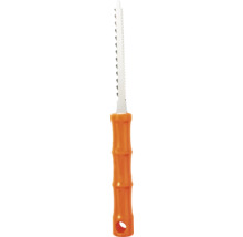 Stichsäge mit gezahntem Metallblatt und ergonomischem orangefarbenem Kunststoffgriff.