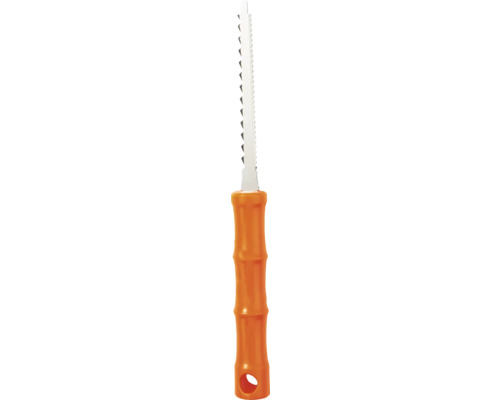 Stichsäge mit gezahntem Metallblatt und ergonomischem orangefarbenem Kunststoffgriff.