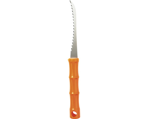 Stichsäge mit Wellenschliffklinge aus Metall und orangefarbenem Kunststoffgriff.