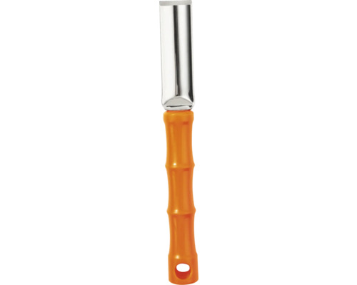 Schaber mit orangefarbenem Kunststoffgriff und Metallklinge.