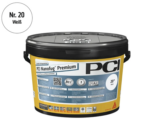PCI Nanofug Premium Flexfugenmörtel in Weiß Nummer 20 im Eimer, geeignet für alle Fliesen und Naturwerksteine.