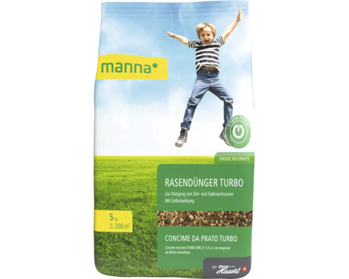 Manna Rasendünger Turbo 5 Kilogramm für circa 200 Quadratmeter, Sofortwirkung für Zier- und Gebrauchsrasen, Hauert Logo.
